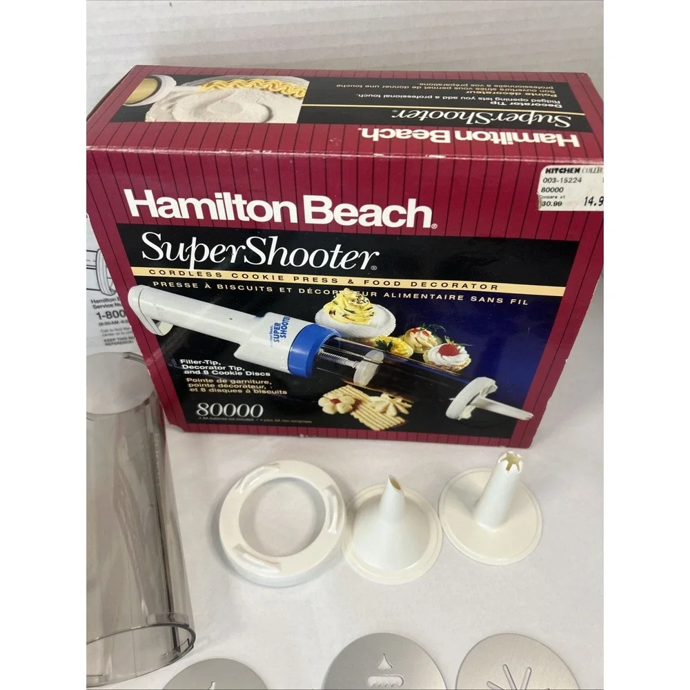 Hamilton Beach Super Shooter Cordless Cookie Press & Food Decorator 8 Disc Read‎